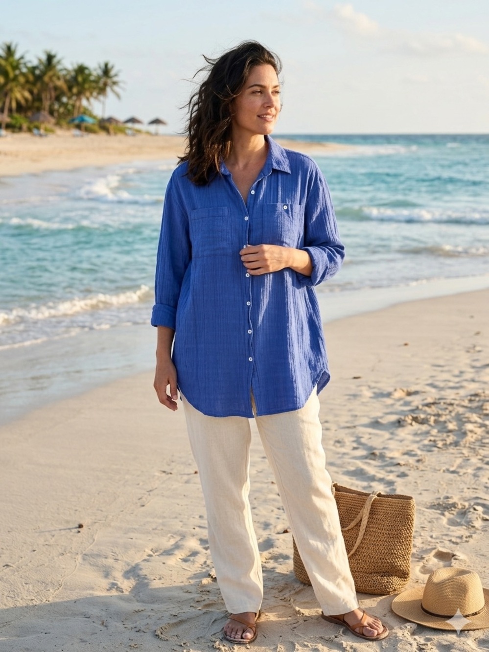 Blue Island Mother L of Pearl Button Shirt Beach Resort Cover Up Long Sleeve L